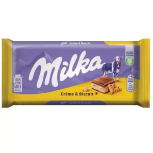 شکلات تخته ای میلکا با مغز خامه و بیسکوییت وزن ۱۰۰ گرم milka cream & biscuit