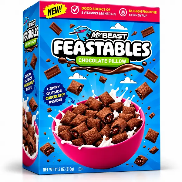 0c46d948-fd09-47c4-81ee-9e3b65d48bdc کورن فلکس شکلاتی با مغز شکلات مستر بیست – Feastables وزن 310 گرم