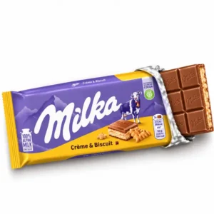 شکلات تخته ای میلکا با مغز خامه و بیسکوییت وزن ۱۰۰ گرم milka cream & biscuit